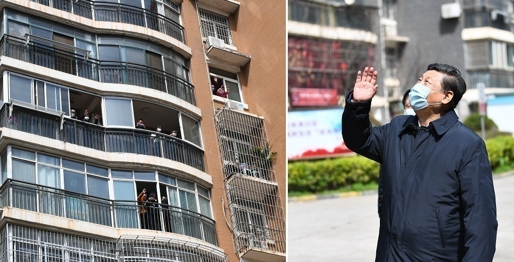 3月10日，習(xí)近平在東湖新城社區(qū)考察時，向在家隔離居住的居民揮手致意、表示慰問。（圖片來源 人民日報）