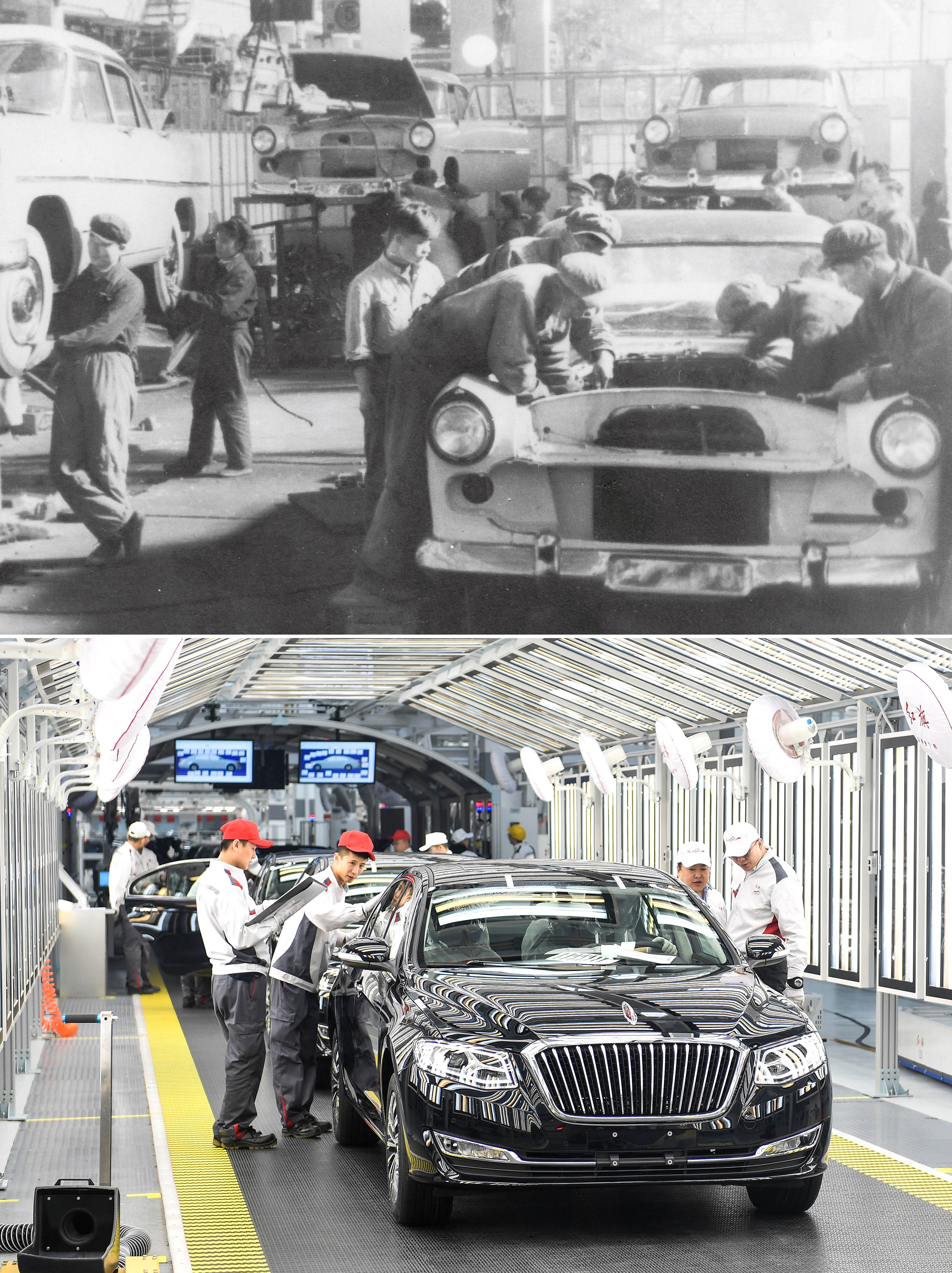 拼版照片：上圖為1958年拍攝的第一汽車制造廠（資料照片）。這里生產了第一批紅旗轎車；下圖為2019年4月9日，在一汽紅旗總裝車間內，職工在對生產的紅旗轎車進行靜檢作業(yè)。